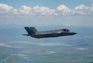 A U.S. Air Force F-35A Lightning II assigned to Luke Air Force Base flies over Southern Oregon May 17, 2023, on a mission with the 173rd Fighter Wing assigned to Kingsley Field in Klamath Falls, Oregon. The 173rd Fighter Wing was selected as the Air Force's preferred location to host a F-35A Lightning II formal training unit.