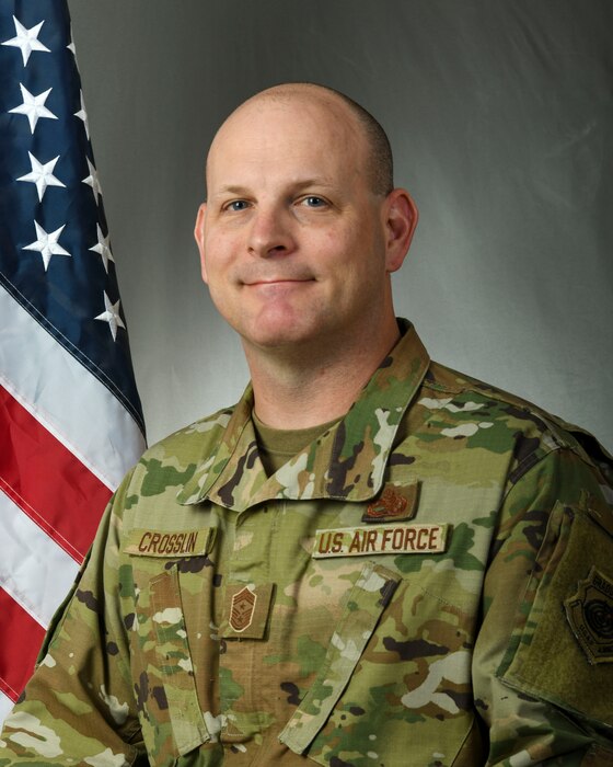 An official photo of Chief Master Sgt. Randolph Crosslin, 378th Air Expeditionary Wing Command Chief, at Prince Sultan Air Base, Kingdom of Saudi Arabia, May 23, 2023. (U.S. Air Force photo by Senior Airman Stephani Barge)