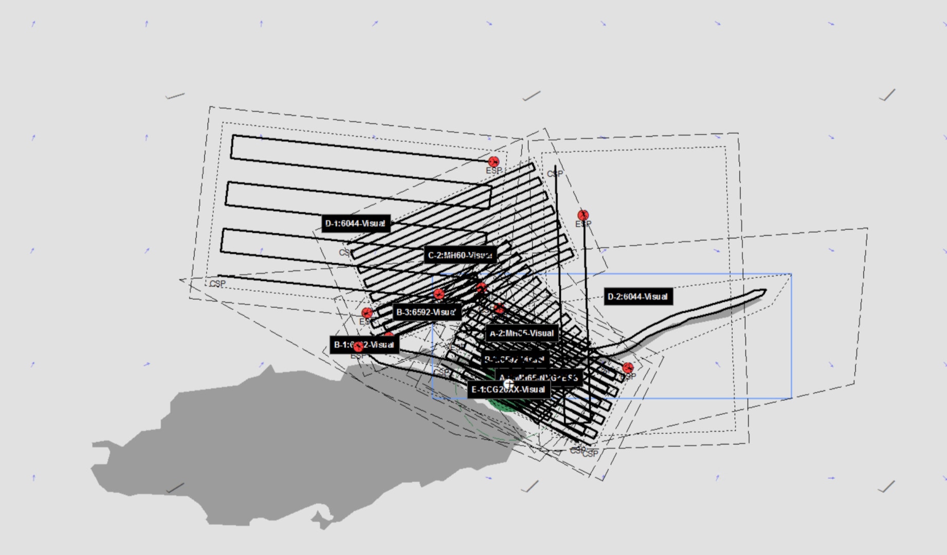 A graphic of search patterns conducted by U.S. Coast Guard Air Station Miami aircrews to assist the Royal Bahamas Defence Force’s search and rescue efforts of Cameron Robbins near Nassau, Bahamas, from May 25, 2023 to May 26, 2023. Royal Bahamas Defence Force crews suspended active search efforts pending further developments on May 26, 2023. (U.S. Coast Guard illustration)