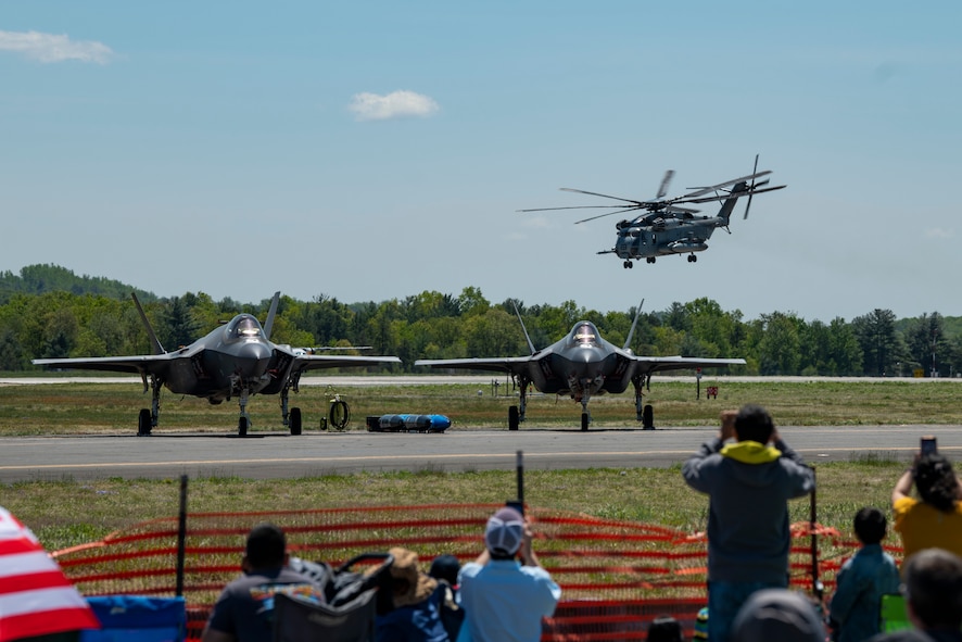 A U.S. Marine Corps CH-53E Super Stallion, with the Marine Heavy Helicopter Training Squadron 302, performs an aerial display during the 2023 Westfield International Air Show at Barnes Air National Guard Base, Massachusetts, May 14, 2023. The two-day event allowed the 104th Fighter Wing and joint-service partners to strengthen their community ties with over 70,000 members of the public by showcasing their capabilities, aircraft and equipment. (U.S. Air National Guard photo by Staff Sgt. Hanna Smith)