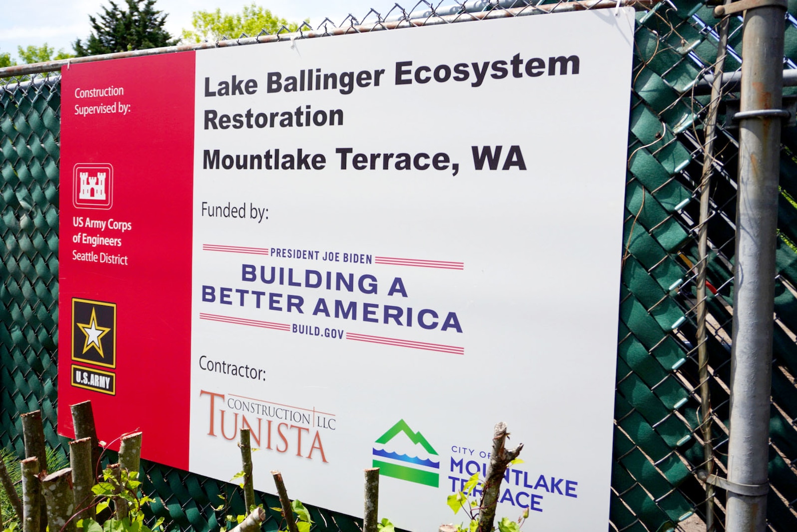 Photo of the U.S. Army Corps of Engineers official signage highlighting the Lake Ballinger Ecosystem Restoration Project at Ballinger Park, Mountlake Terrace, Washington