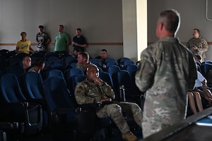U.S. Air Force Brig. Gen. Paul Fast, 36th Wing commander, updates members of Team Andersen on current conditions during a town hall meeting about Super Typhoon Mawar at Andersen Air Force Base, Guam, May 29, 2023. Following the devastating effects of Super Typhoon Mawar, Fast addressed Team Andersen’s concerns about base services and functions. (U.S. Air Force photo by Senior Airman Kaitlyn Preston)