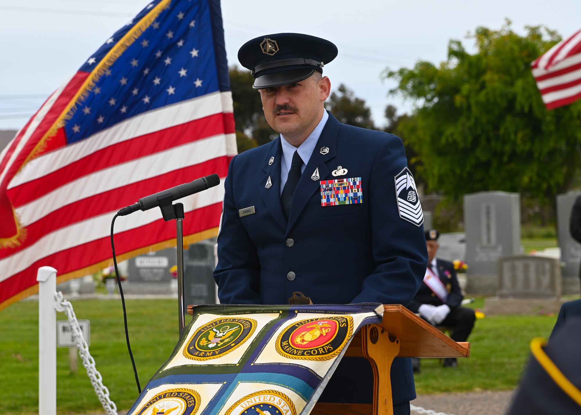 U.S. Space Force Chief Master Sgt. Heath Jennings, Space Launch Delta 30 senior enlisted leader, gives a speech during a Memorial Day event at Guadalupe Cemetery in Guadalupe, Calif., May 29, 2023. Memorial Day, originally known as Decoration Day, commemorates the men and women who made the ultimate sacrifice in their service to the United States. (U.S. Space Force photo by Airman 1st Class Kadielle Shaw)