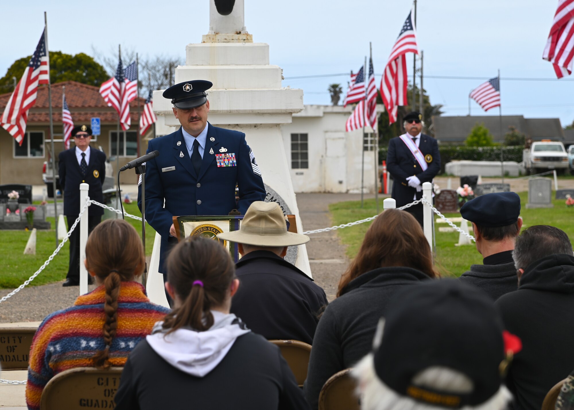 U.S. Space Force Chief Master Sgt. Heath Jennings, Space Launch Delta 30 senior enlisted leader, gives a speech during a Memorial Day event at Guadalupe Cemetery in Guadalupe, Calif., May 29, 2023. Memorial Day, originally known as Decoration Day, commemorates the men and women who made the ultimate sacrifice in their service to the United States. (U.S. Space Force photo by Airman 1st Class Kadielle Shaw)