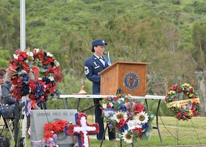 U.S. Air Force Chief Master Sergeant Cherise Mosley, Space Launch Delta 30 Senior Enlisted Airman, gives a speech during a Memorial Day event at Lompoc Cemetery in Lompoc, Calif., May 29, 2023. Memorial Day, originally known as Decoration Day, commemorates the men and women who made the ultimate sacrifice in their service to the United States. (U.S. Space Force photo by Senior Airman Rocio Romo)
