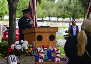 U.S. Space Force Col. Bryan Titus gives a speech during a Memorial Day ceremony in Santa Maria, Calif., May 29, 2023. Memorial Day, originally known as Decoration Day, commemorates the men and women who made the ultimate sacrifice in their service to the United States. (U.S. Space Force photo by Airman 1st Class Ryan Quijas)