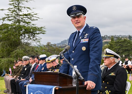 U.S. Space Force Col. Robert Long, Space Launch Delta 30 commander, delivers a Memorial Day speech at the Santa Barbara Cemetery in Santa Barbara, Calif., May 29, 2023. Long spoke on remembering and honoring the men and women who died in service for our nation. (U.S. Space Force photo by Senior Airman Tiarra Sibley)