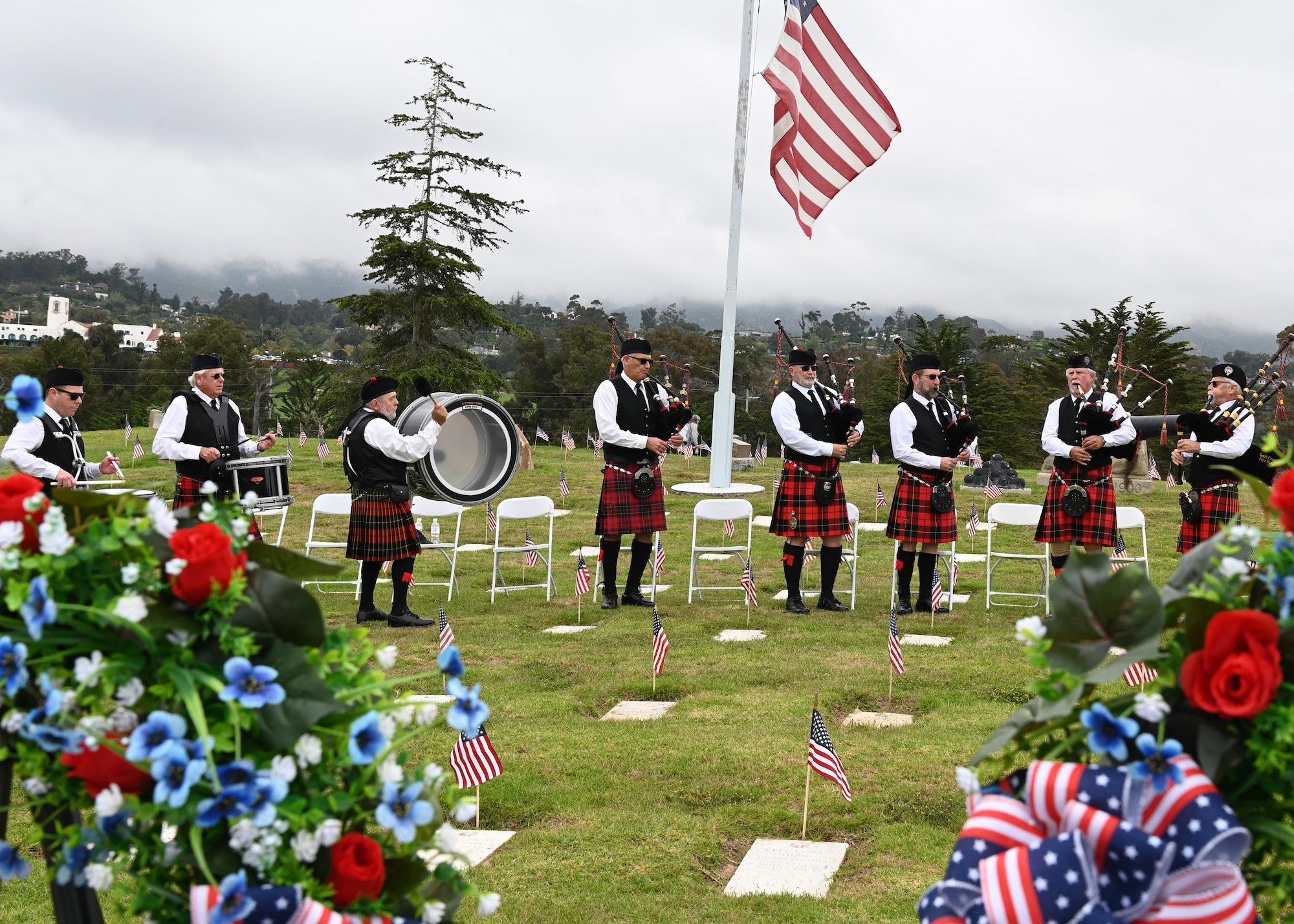 The Gold Coast Pipe Band plays during the Santa Barbara Memorial Day Ceremony at the Santa Barbara Cemetery in Santa Barbara, Calif., May 29, 2023. Memorial Day, originally known as Decoration Day, commemorates the men and women who made the ultimate sacrifice in their service to the United States. (U.S. Space Force photo by Senior Airman Tiarra Sibley)