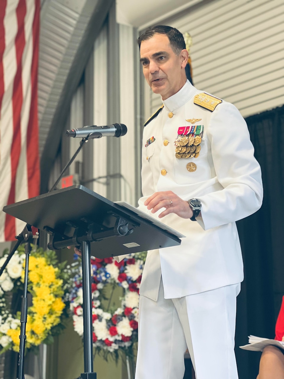 Rear Adm. Michael Steffen, Commander, Navy Reserve Forces Command, returned to his hometown to serve as the keynote speaker at the National D-Day Memorial’s observance event for Memorial Day, May 29, where hundreds of people gathered to honor and remember the men and women who died while serving in the U.S. military.