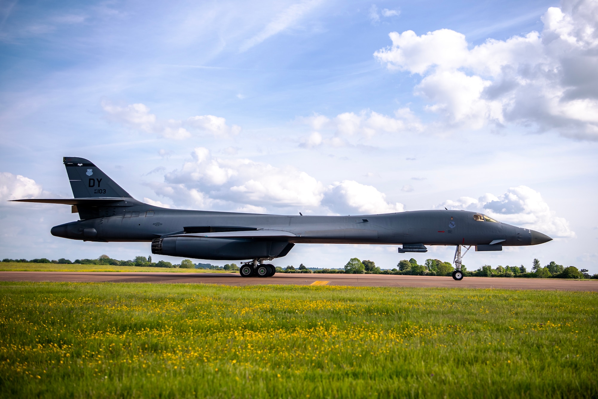 A B-1B Lancer from the 9th Expeditionary Bomb Squadron taxis on the runway at RAF Fairford, United Kingdom, May 23, 2023 for Bomber Task Force Europe 23-3. Bomber missions demonstrate the credibility of our forces to address a global security environment that is more diverse and uncertain than at any other time in our history. (U.S. Air Force photo by Staff Sgt. Eugene Oliver)