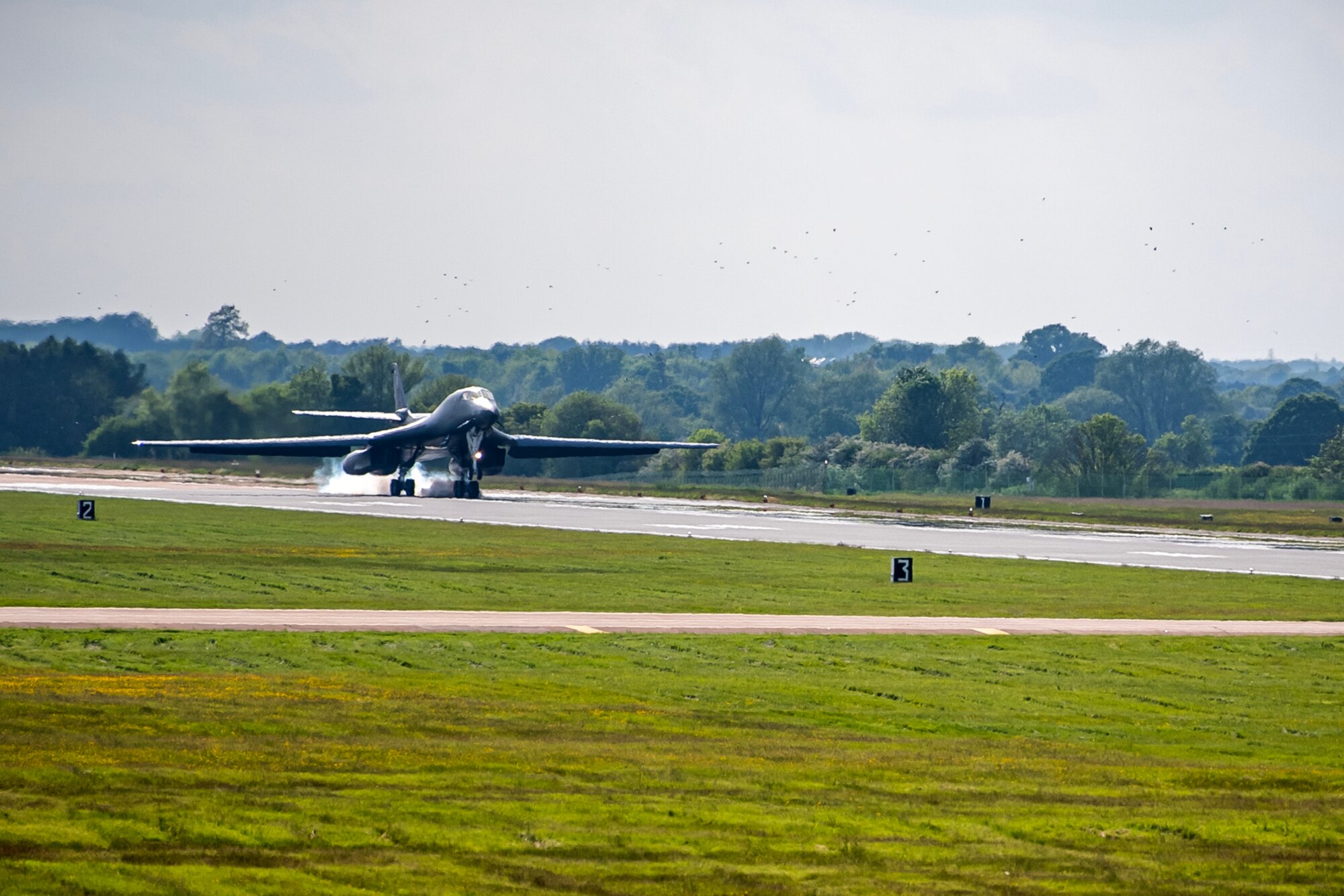 A B-1B Lancer from the 9th Expeditionary Bomb Squadron arrives at RAF Fairford, United Kingdom, May 23, 2023 for Bomber Task Force Europe 23-3. Strategic bomber missions enhance the readiness necessary to respond to any potential crisis or challenge across the globe. (U.S. Air Force by Staff Sgt. Eugene Oliver)