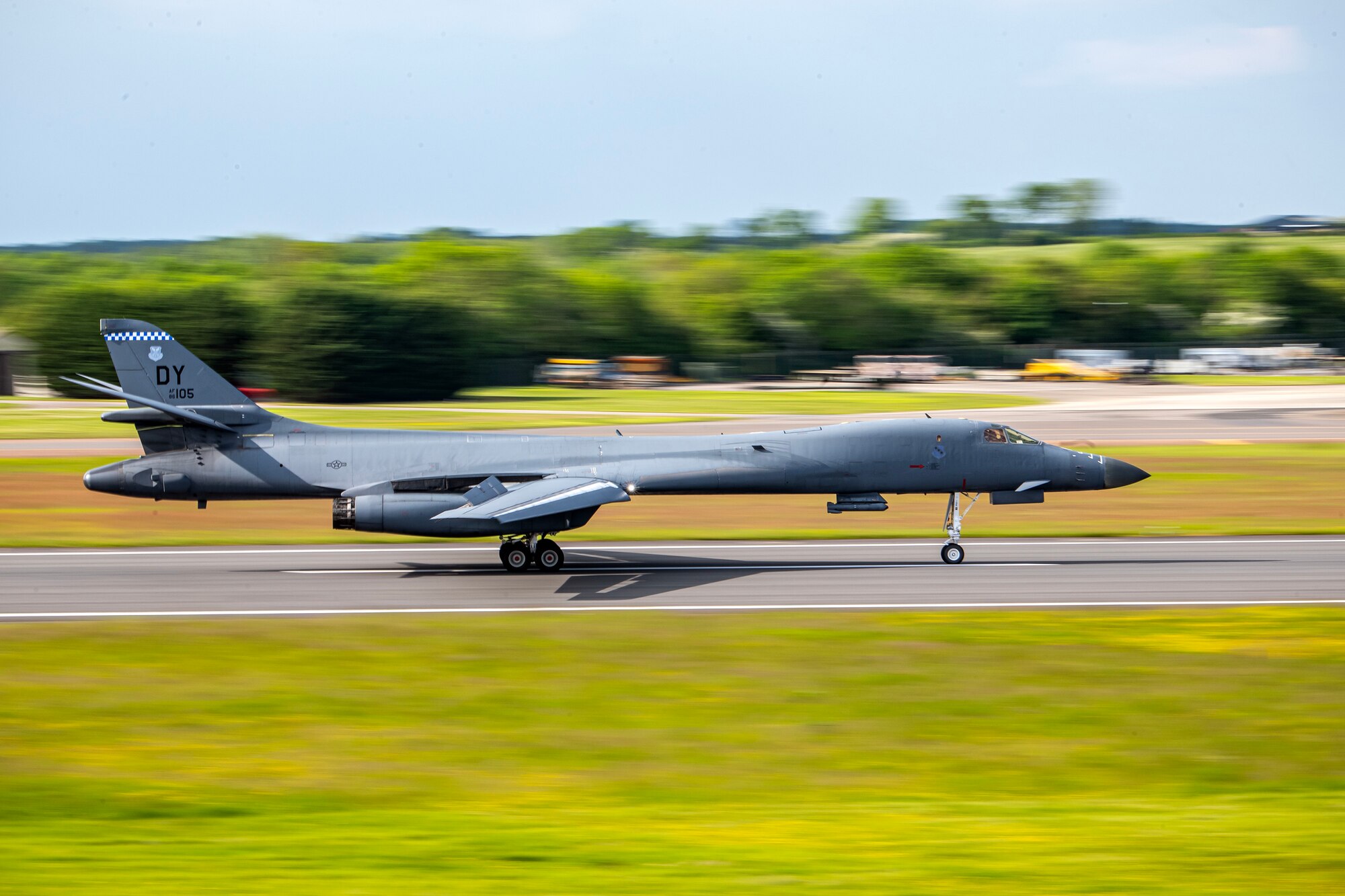 A B-1B Lancer from the 9th Expeditionary Bomb Squadron arrives at RAF Fairford, United Kingdom, May 23, 2023 for Bomber Task Force Europe 23-3. Strategic bomber missions enhance the readiness necessary to respond to any potential crisis or challenge across the globe. (U.S. Air Force by Staff Sgt. Eugene Oliver)