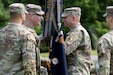 Lt. Col. Jason Partin, incoming commander of the 1st Battalion, 149th Infantry, Kentucky Army National Guard, receives the colors from Col. Jared Lake, 116th Infantry Brigade Combat Team, Virginia Army National Guard.