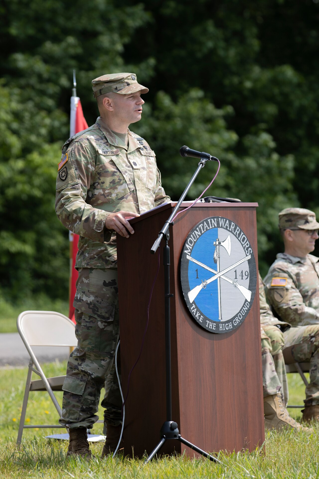 Lt. Col. Jason Partin, incoming commander of 1st Battalion, 149th Infantry, addresses his troops during a change of command ceremony for the battalion.