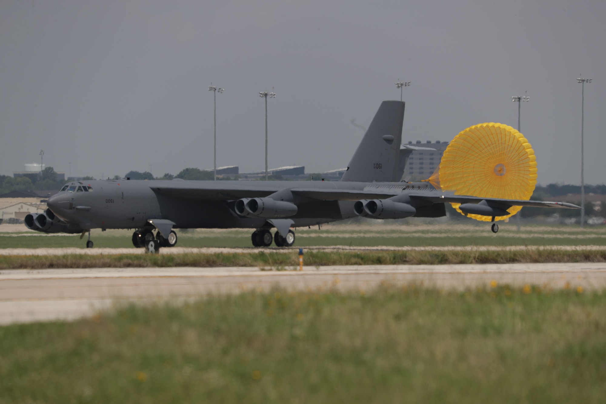 A B-52 arrives at Joint Base San Antonio. The aircraft will undergo installation of a new radar system at a nearby Boeing facility. (Courtesy photo by the Boeing Co.)