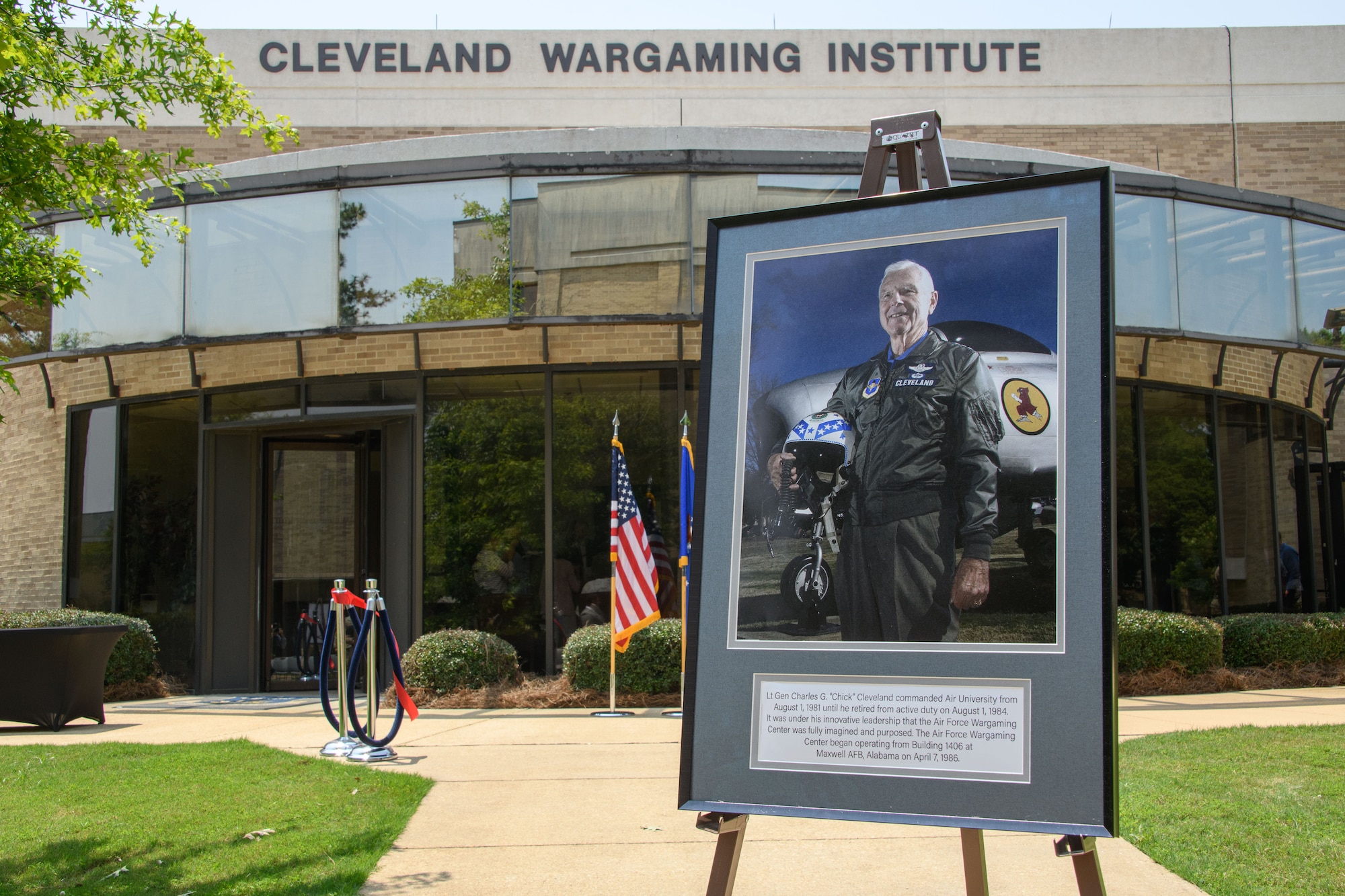 The Curtis E. LeMay Center for Doctrine Development and Education dedicated the Cleveland Wargaming Institute building in honor of the late Lt. Gen. Charles “Chick” Cleveland during a ceremony May 25, 2023, at Maxwell Air Force Base, Alabama. The building houses the Air Force Wargaming Institute. Cleveland is a Korean War fighter ace and a former commander of Air University.