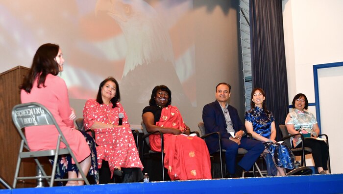 IMAGE: Six Naval Surface Warfare Center Dahlgren Division employees participated in the “Coming to America” panel during the Asian American and Pacific Islanders Heritage Month observance. (From left to right) Maria Hutt-Clark, Huong Pham, Sheba Godbey, Dhruva Mishra, Sabrina Lau and Tzawe Wang.