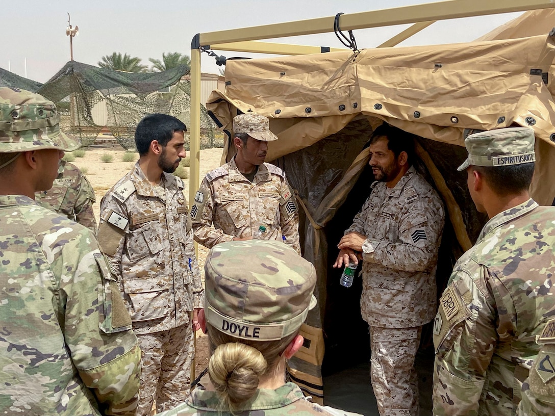 Soldiers of The Kingdom of Saudi Arabia showcasing their equipment and capabilities to U.S. Army Soldiers for the Fuel Training Exercise of Eagle Resolve 23, May 24, 2023 in the Kingdom of Saudi Arabia. Eagle Resolve is a Combined Joint All-Domain exercise which improves interoperability on land, in the air, at sea, in space, and in cyberspace with the U.S. military and partner nations, enhances the ability to respond to contingencies, and underscores USCENTCOM's commitment to the Middle East.