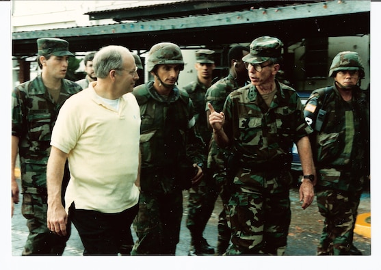 Secretary of Defense Richard Cheney and Commander, U.S. Southern Command, General Maxwell Thurman (1989-90) review U.S. operations in Panama, 25 December 1989. (Source: Department of Defense, NARA)