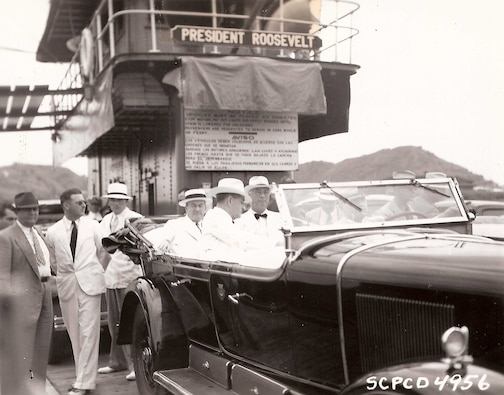 U.S. President Franklin Roosevelt (1933-45) and Panamanian President Juan Demóstenes Arosemena (1936-1939) aboard a ferry crossing the Panama Canal, August 1938.