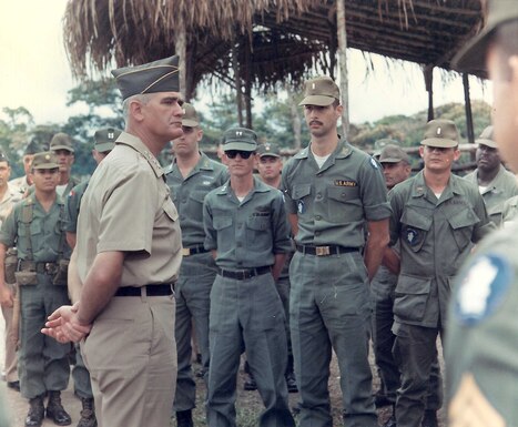 U.S. Army Chief of Staff General William C. Westmoreland, former commander of U.S. forces in Vietnam, visits the U.S. Army Jungle Operations Training Center, Fort Clayton, September 1968.  During the Vietnam War, many U.S. forces trained in Panama before deploying to Southeast Asia.  (Source: U.S. Army Signal Corps, NARA)
