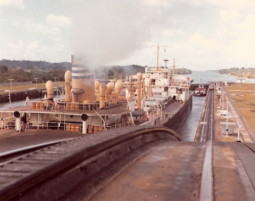 A U.S. commercial vessel moves through the Gatún Locks, February 1969.  (Source: U.S. Army Signal Corps, NARA)