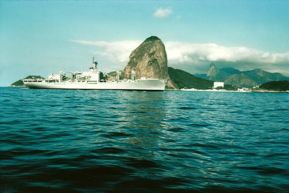 The combat stores ship USS Concord arrives in Rio de Janeiro, Brazil, during the twenty-fifth annual UNITAS naval training exercise, July 1984. (Source: Department of the Defense, NARA)