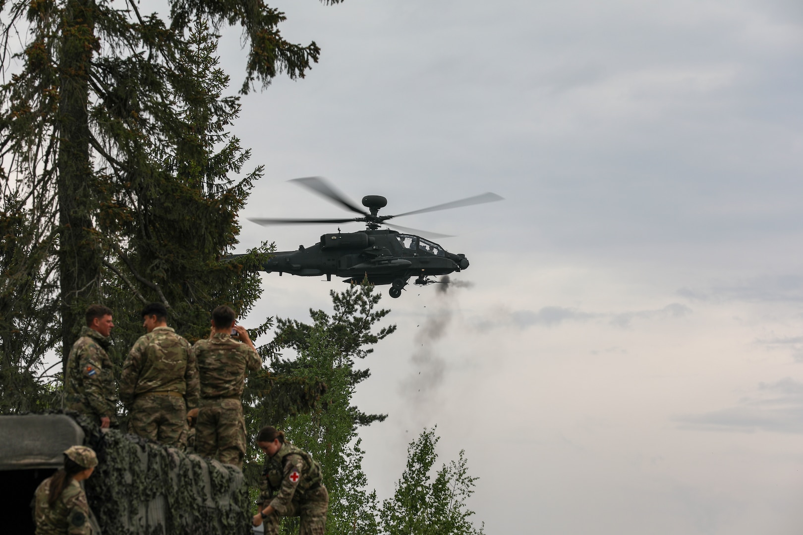 Apache helicopter firing on targets at Spring Storm 23 in Tapa, Estonia, May 25, 2023. The Maryland National Guard participated in the two-week exercise with Estonia, its longtime partner through the State Partnership Program.