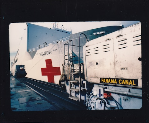 The hospital ship USNS Comfort passes through the Panama Canal, July 1988. (Source: Department of Defense, NARA)