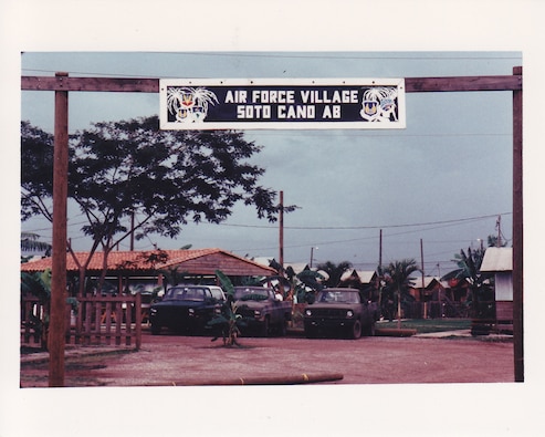 :  The entrance to the Air Force Village, Soto Cano Air Base, Honduras, September 1989.  The Joint Chiefs of Staff created Joint Task Force 11—later renamed Joint Task Force-Bravo—in 1983 to support and control U.S. forces in Central America.  (Source: U.S. Air Force, NARA)