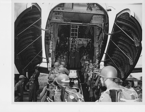 U.S. troops in Panama prepare for a tactical airdrop during a joint military training exercise, May 1955.  U.S. planners used the exercise to test U.S. defenses of the canal against conventional military attack.