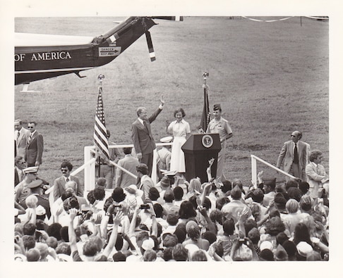 President Jimmy Carter (1977-1981), Rosalynn Carter, and Lieutenant General Dennis P. McAuliffe, Commander, U.S. Southern Command (1975-79), at Ft. Clayton, June 1978.