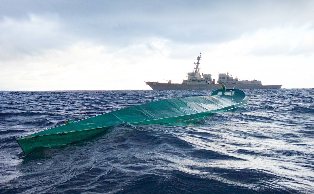 The Arleigh Burke-class guided-missile destroyer USS Pinckney (DDG 91) with embarked U.S. Coast Guard (USCG) Law Enforcement Detachment (LEDET) team conducts enhanced counter narcotics operations, May 14, 2020
