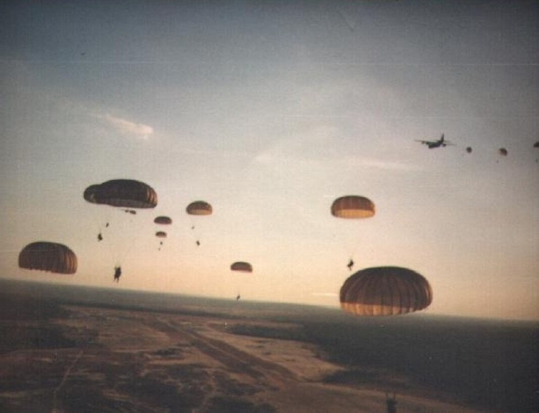 U.S. Army Rangers parachute into Grenada during Operation Urgent Fury, 1983. (DoD photo)