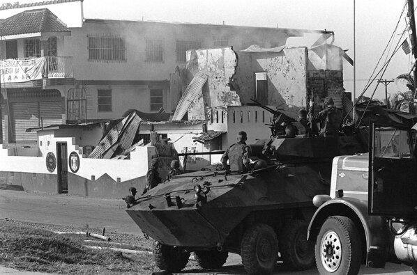 U.S. Marines stand guard in Panama during Operation Just Cause, December 1989.