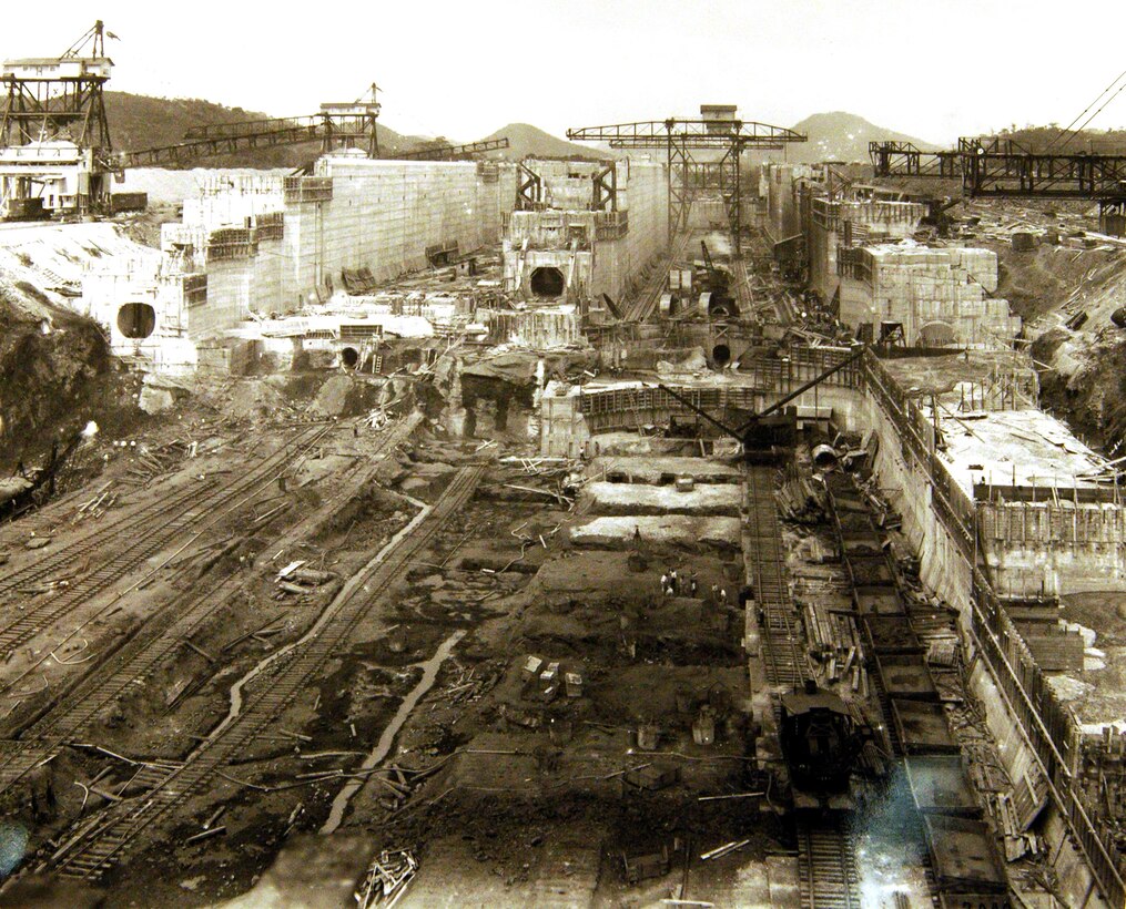 The Miraflores Locks of the Panama Canal under construction, January 1912.