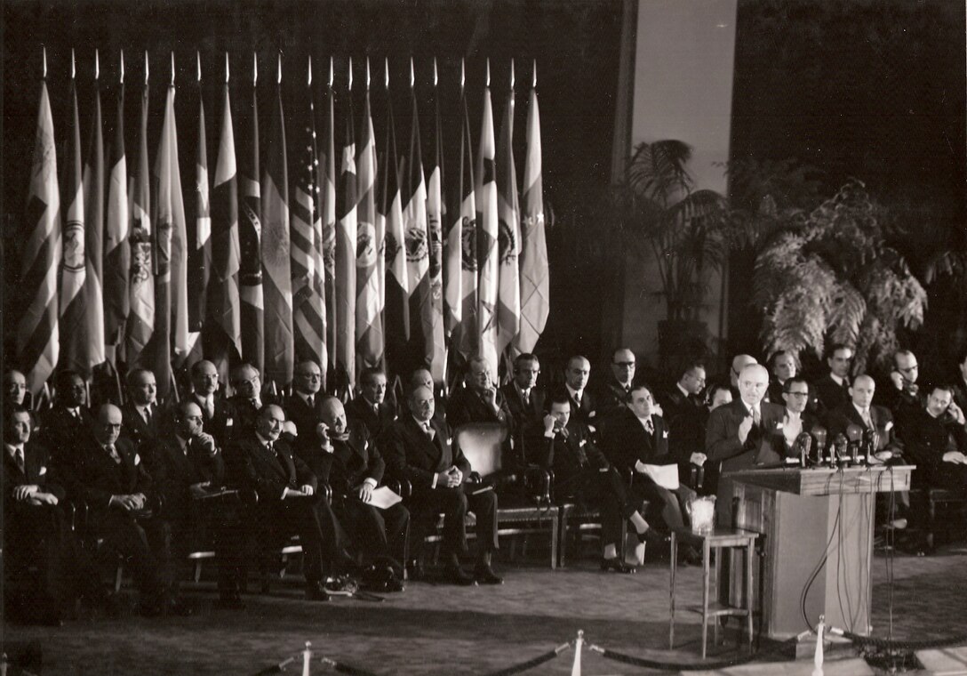 President Truman addresses the Fourth Meeting of Foreign Ministers of American States, Washington, April 1951.