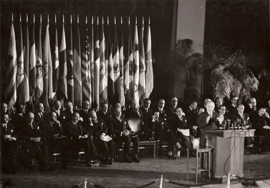 President Truman addresses the Fourth Meeting of Foreign Ministers of American States, Washington, April 1951.