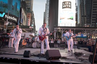 Musicians assigned to U.S. Navy Band Northeast perform in Times Square during Fleet Week New York.