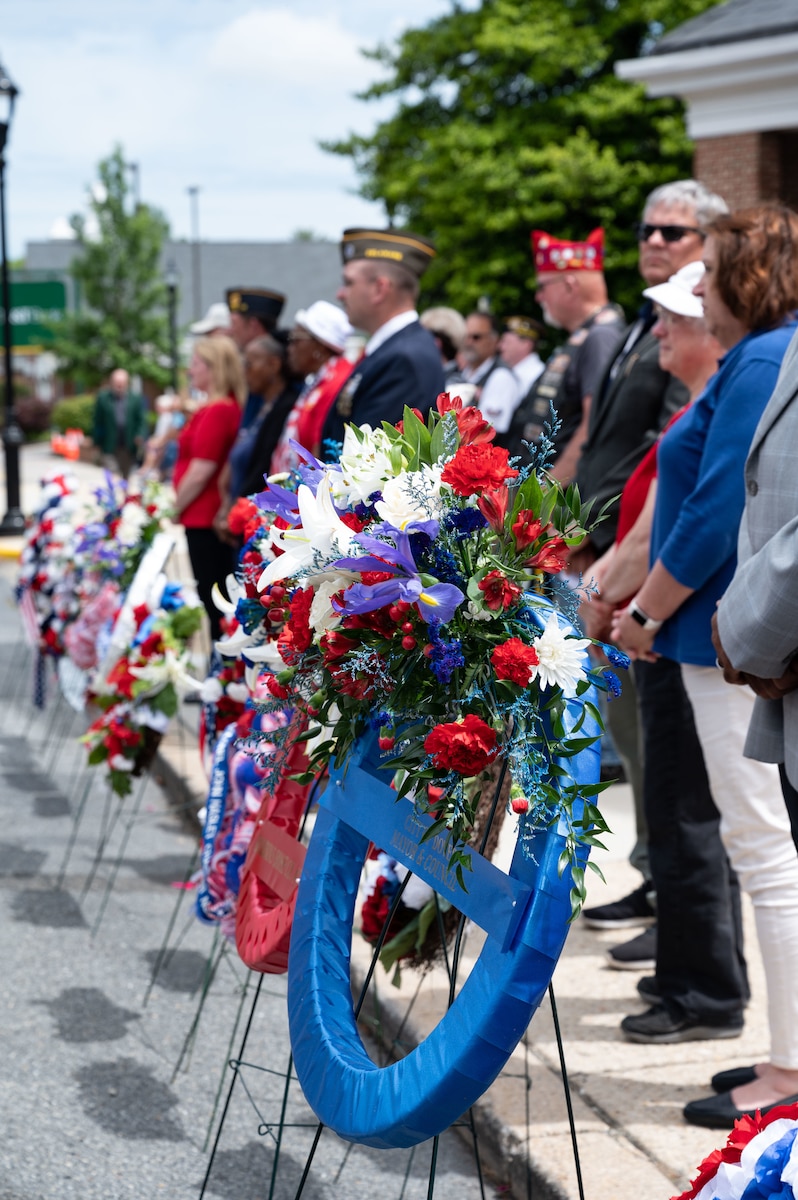 Wreaths sit on display during the 2023 Memorial Day ceremony in Dover, Delaware, May 29, 2023. Memorial Day commemorates the men and women who made the ultimate sacrifice in their service to the United States. The offering of wreaths at a memorial site is a ritual that occurs around the world, symbolizing the beauty and brevity of life. (U.S. Air Force photo by Senior Airman Cydney Lee)