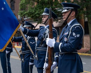 Honor Guard members assigned to Dover Air Force Base, Delaware, present colors during the 2023 Memorial Day ceremony in Dover, Delaware, May 29, 2023. Memorial Day commemorates the men and women who made the ultimate sacrifice in their service to the United States. The ceremony included remarks from Col. Bary Flack, 436th Mission Generation Group commander, a roll call of Dover veterans who died in the last year and a wreath laying ceremony. (U.S. Air Force photo by Senior Airman Cydney Lee)