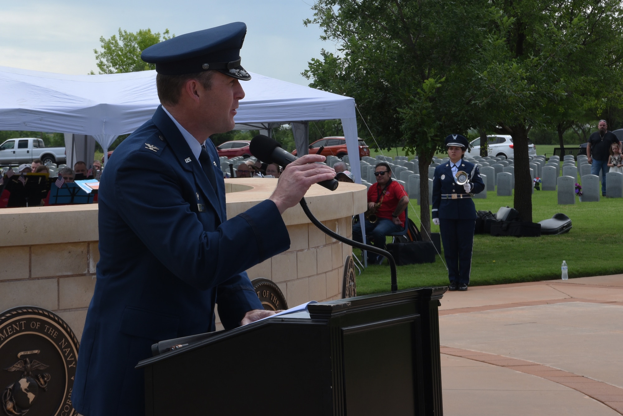 U.S. Air Force Col. Joseph Kramer, 7th Bomb Wing commander, speaks during the Memorial Day service at the Texas State Veterans Cemetery in Abilene, Texas, May 29, 2023. Memorial Day is a time to honor the ultimate sacrifice of the service members that gave their lives in defense of the United States. (U.S. Air Force photo by Senior Airman Sophia Robello)