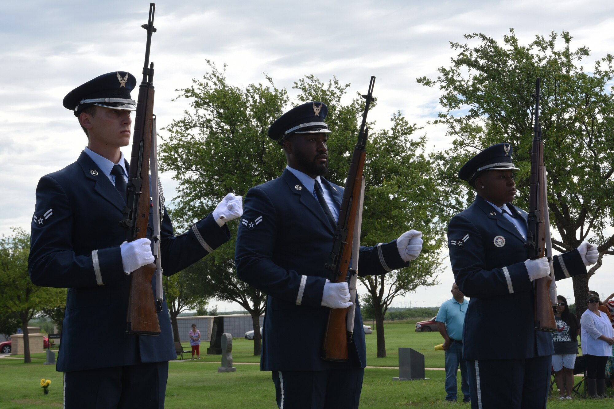 Dyess Honor Guard members perform the firing of volleys during the Memorial Day Ceremony at the Texas State Veterans Cemetery in Abilene, Texas, May 29, 2023. Memorial Day is a time to honor the ultimate sacrifice of the service members that gave their lives in defense of the United States. (U.S. Air Force photo by Senior Airman Sophia Robello)