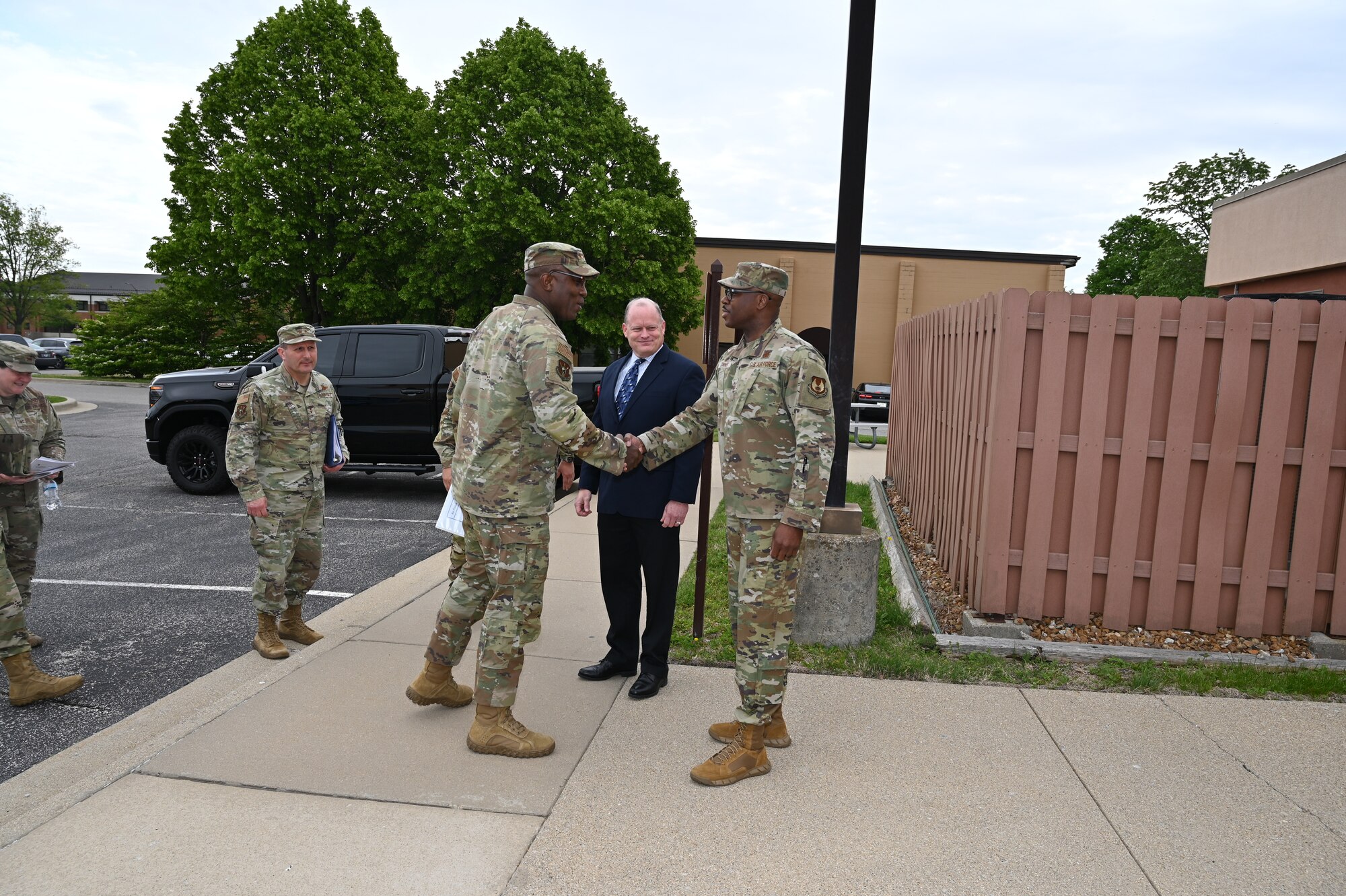 Lt. Gen. Stacey Hawkins, Air Force Sustainment Center commander, and AFSC Command Chief Master Sgt. Robert Schultz traveled to Scott Air Force Base, Illinois, to meet with Airmen of the 635th Supply Chain Operations Wing and deliver to the 126th Air Refueling Wing a KC-135 that had completed programmed depot maintenance at Tinker Air Force Base, Oklahoma.