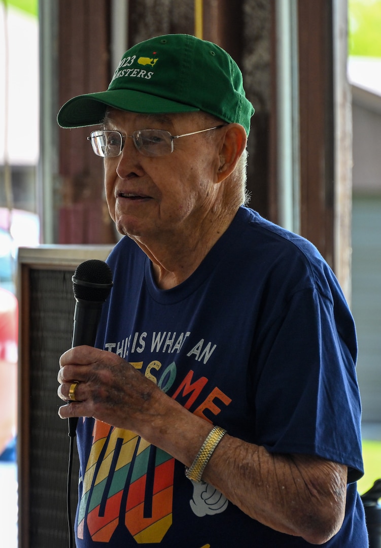 Laurence “Sparky” Rector , a World War II veteran of the 45th Infantry Division, speaks to  100 people attending his 100th birthday party in Mexico, N.Y., May 27, 2023. Rector fought through Europe with the Oklahoma National Guard unit and went on to be a successful wrestling coach and a beloved member of his community after the war. (New York National Guard photo by Staff Sgt. Matthew Gunther)