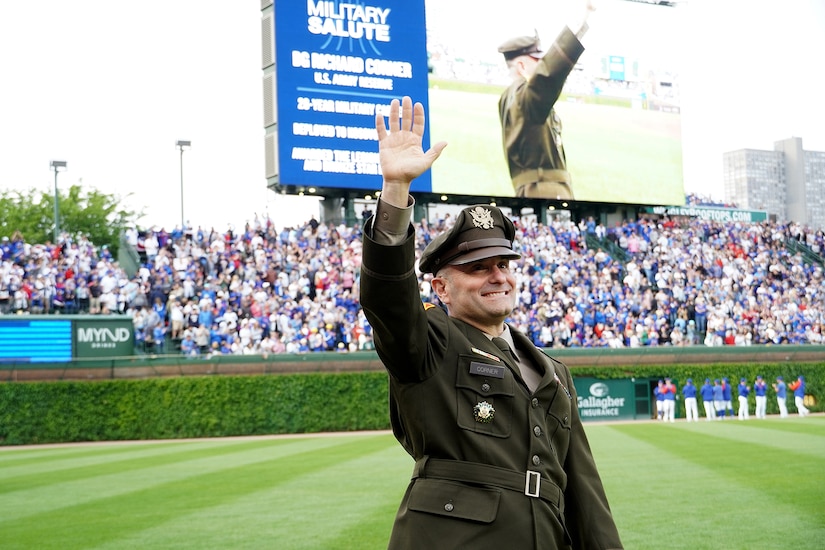 Chicago Cubs, Major League Baseball team, honors Brig. Gen. Richard Corner, Commanding General, 85th U.S. Army Reserve Support Command, on-field during a ‘Military Salute’ service recognition during a home game versus the Cincinnati Reds at Wrigley Field, May 27, 2023, in Chicago.