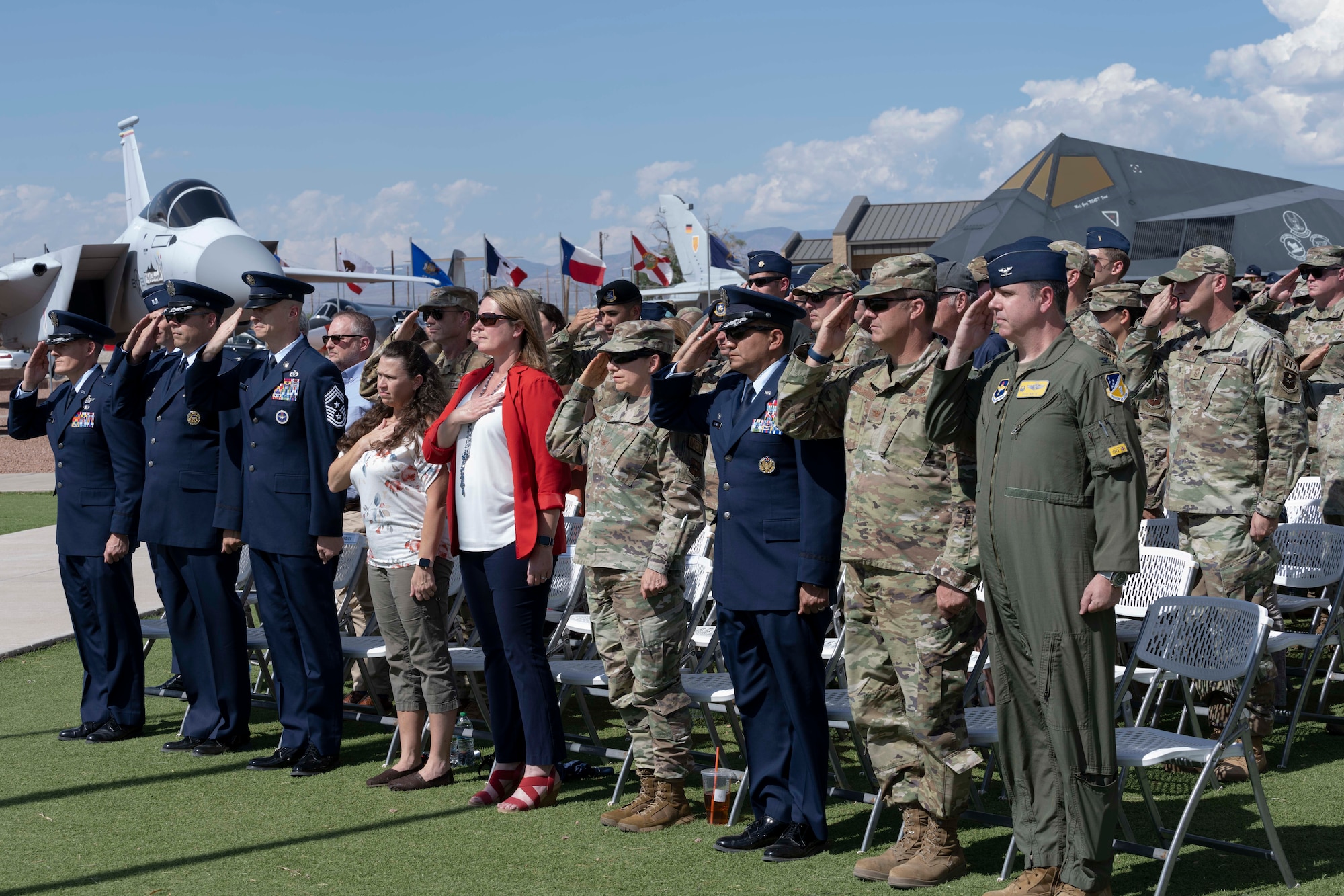 Servicemembers and Team Holloman honor the fallen heroes during a Memorial Day ceremony at Holloman Air Force Base, New Mexico, May 25, 2023. Memorial Day is a federal holiday in the United States for honoring and mourning the U.S. military personnel who died while serving in the United States Armed Forces. (U.S. Air Force photo by Airman 1st Class Michelle Ferrari)