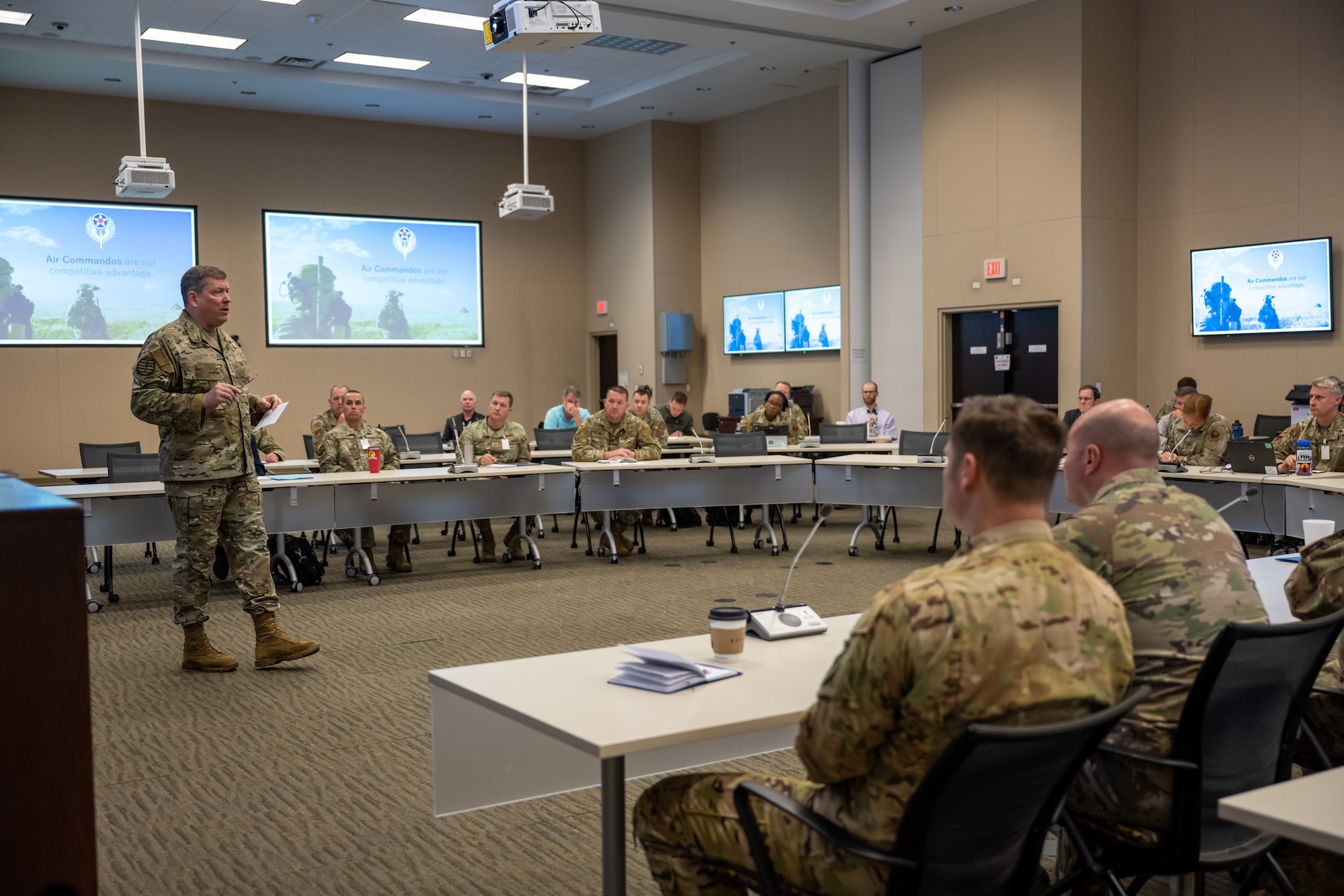 U.S. Air Force Lt. Gen. Tony Bauernfeind, Air Force Special Operations Commander, speaks at the second Mission Command Summit at Hurlburt Field, Florida on May 18, 2023. This summit provided an opportunity to connect key stakeholders from DAF, joint and ally counterparts to have candid conversations about the vision for mission command in AFSOC’s new force presentation construct.