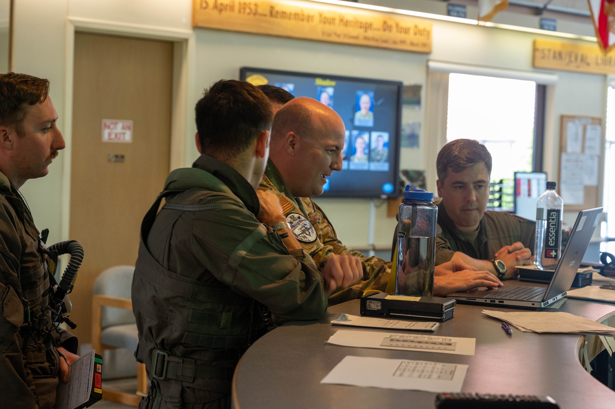U.S. Air Force Airmen assigned to the 173rd Fighter Wing, Kingsley Field Air National Guard Base, Oregon, and the 56th Fighter Wing, Luke Air Force Base, Arizona, listen to a pre-flight weather brief May 15, 2023, at Kingsley Field ANGB, Oregon.