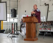 U.S. Air Force Col. Jeffrey Anderson, 5th Maintenance Group (MXG) commander, delivers a speech to the crowd at the 5th MXG’s Maintenance Professionals of the Year awards banquet at Minot Air Force Base, North Dakota, May 25, 2023. Anderson spoke on how vital the mission is at Minot, and thanked everyone for their contribution. (U.S. Air Force photo by Airman 1st Class Trust Tate)